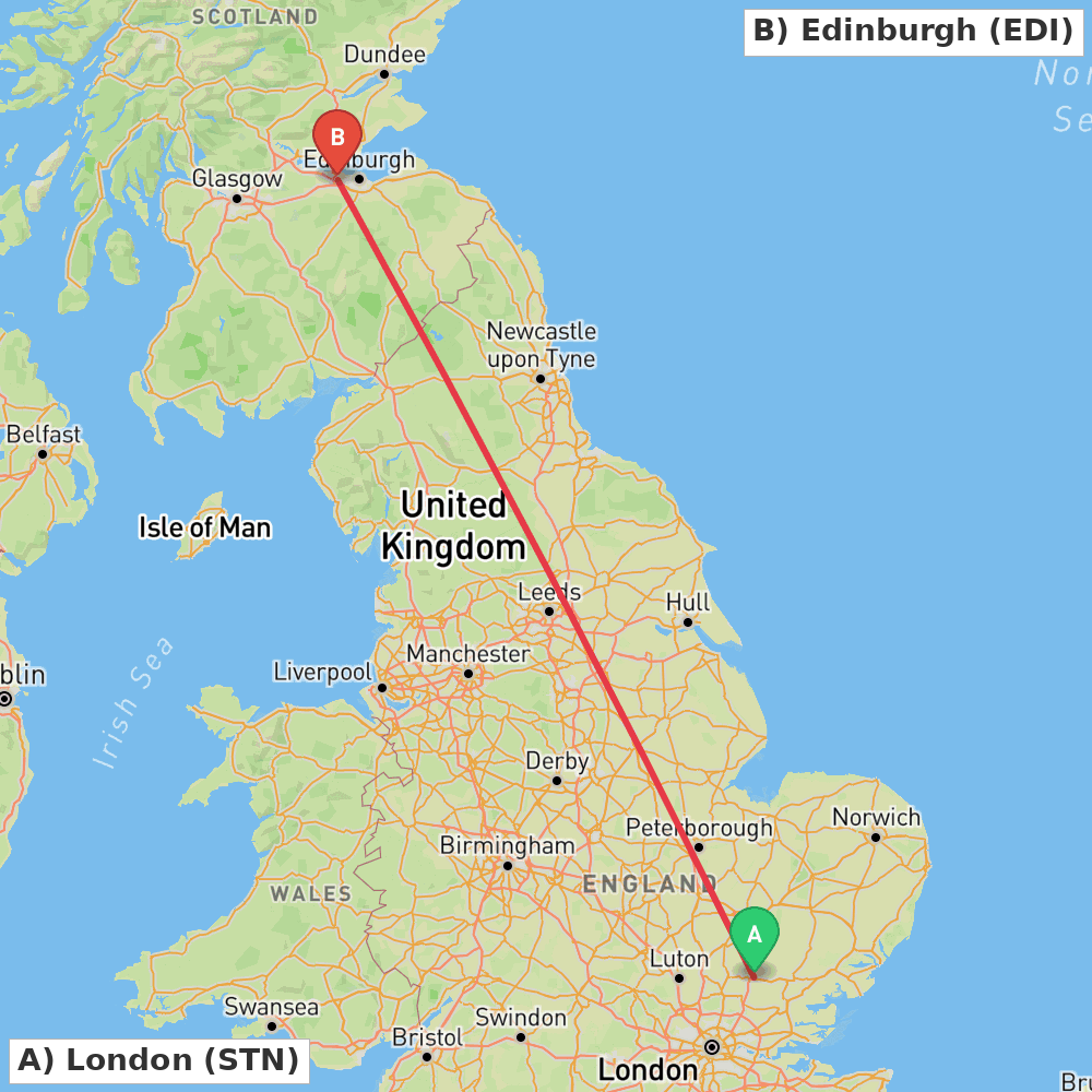 Flight route map from London to Edinburgh
