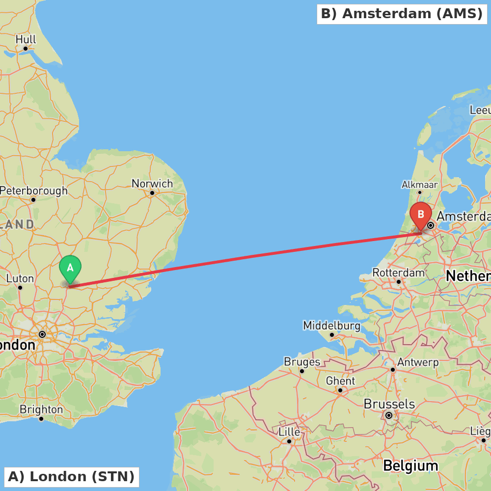 Flight route map from London to Amsterdam