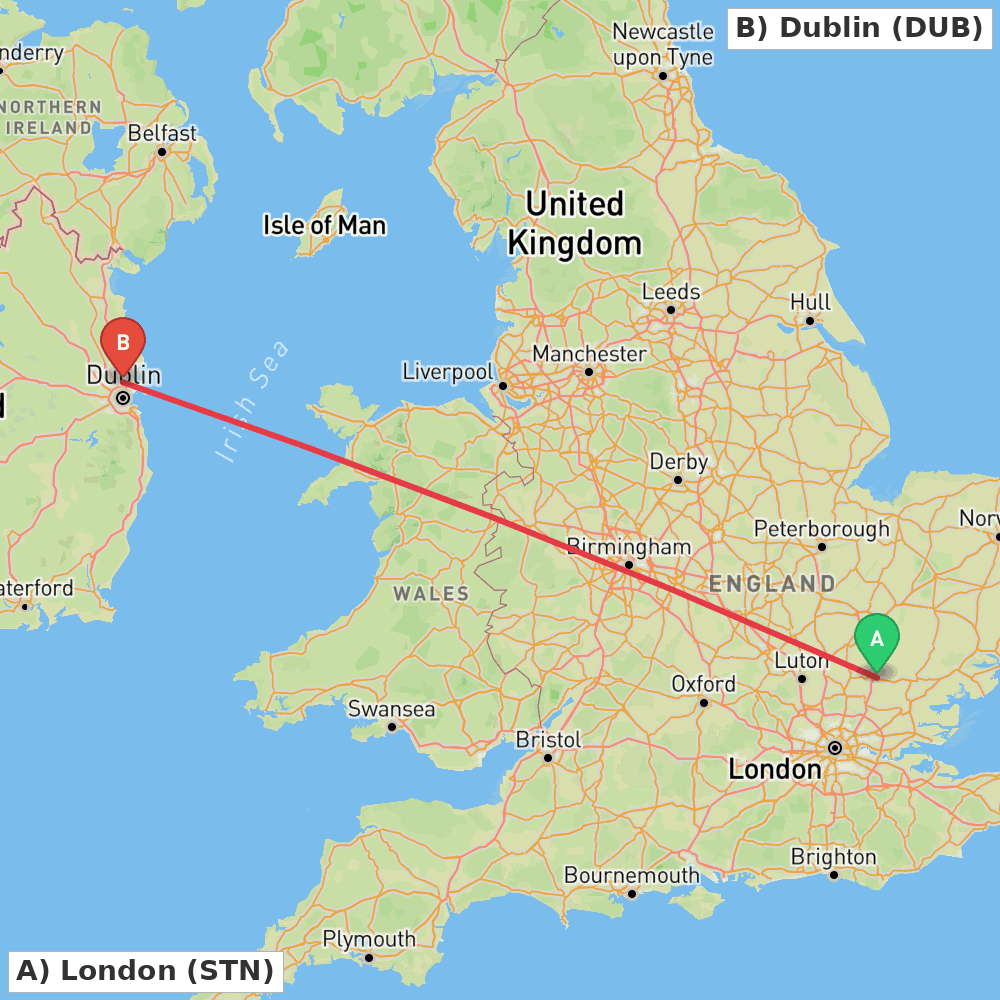 Flight route map from London to Dublin