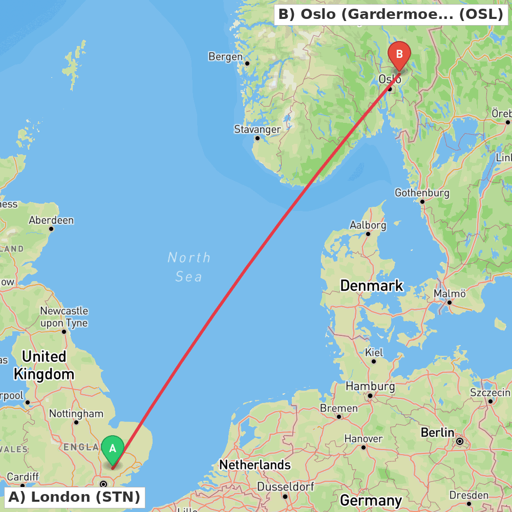 Flight route map from London to Oslo (Gardermoen)