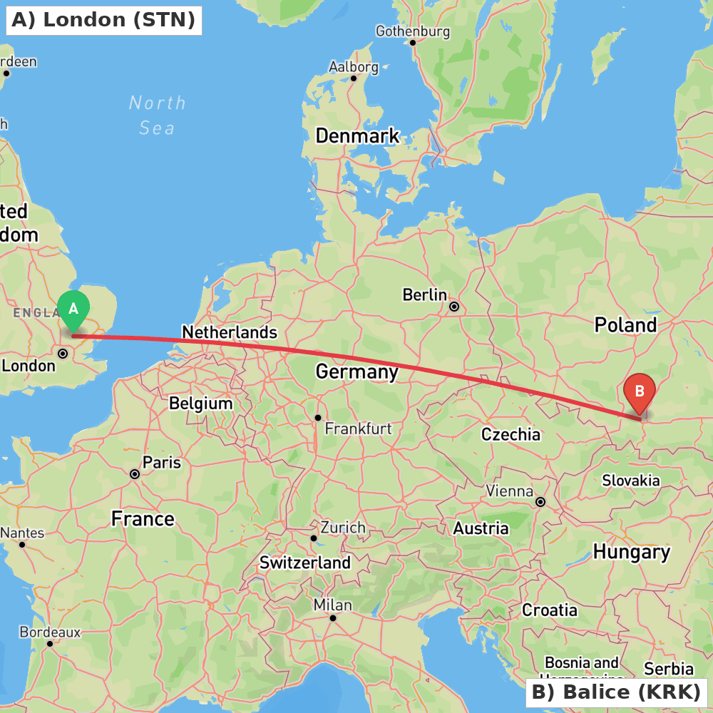 Flight route map from London to Balice