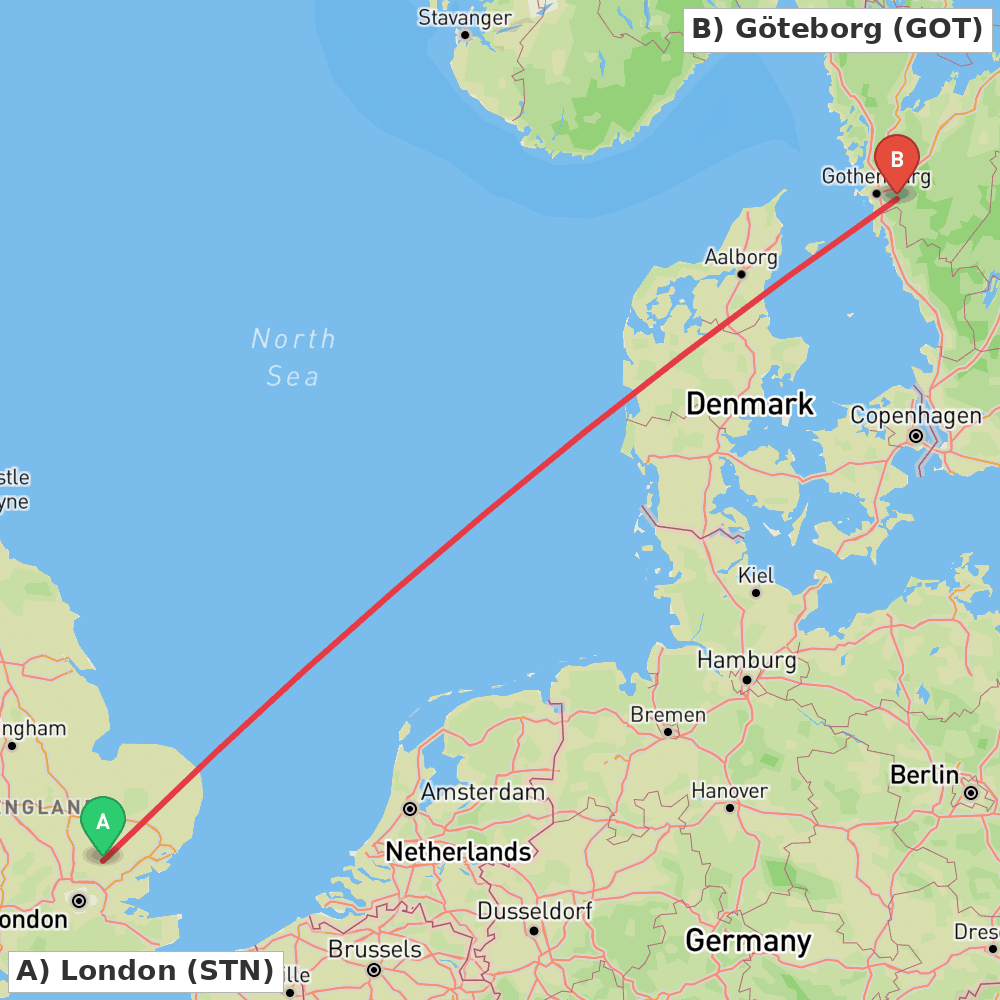 Flight route map from London to Göteborg