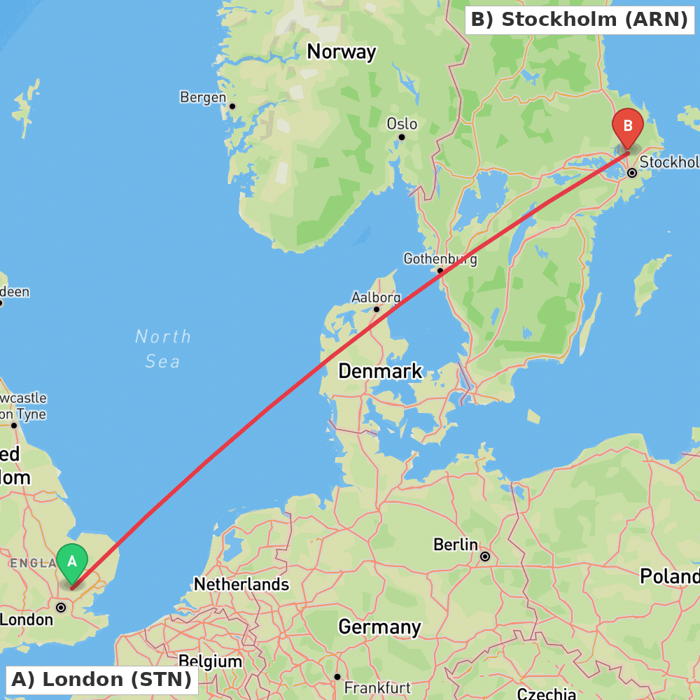 Flight route map from London to Stockholm