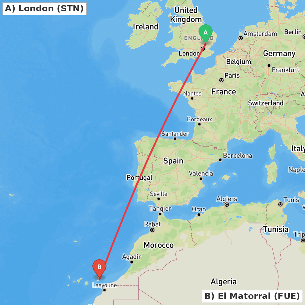 Flight route map from London to El Matorral