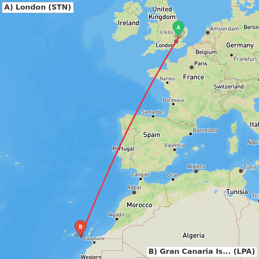 Flight route map from London to Gran Canaria Island