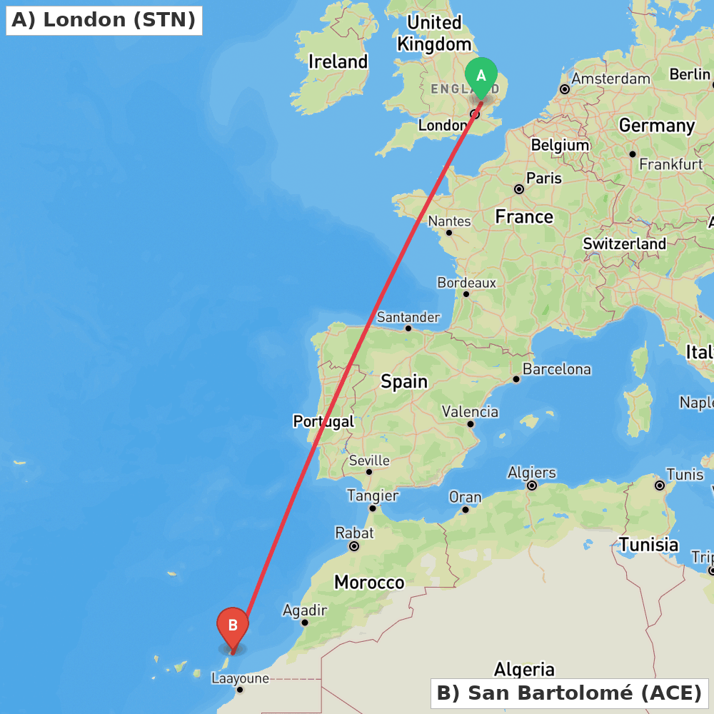 Flight route map from London to San Bartolomé