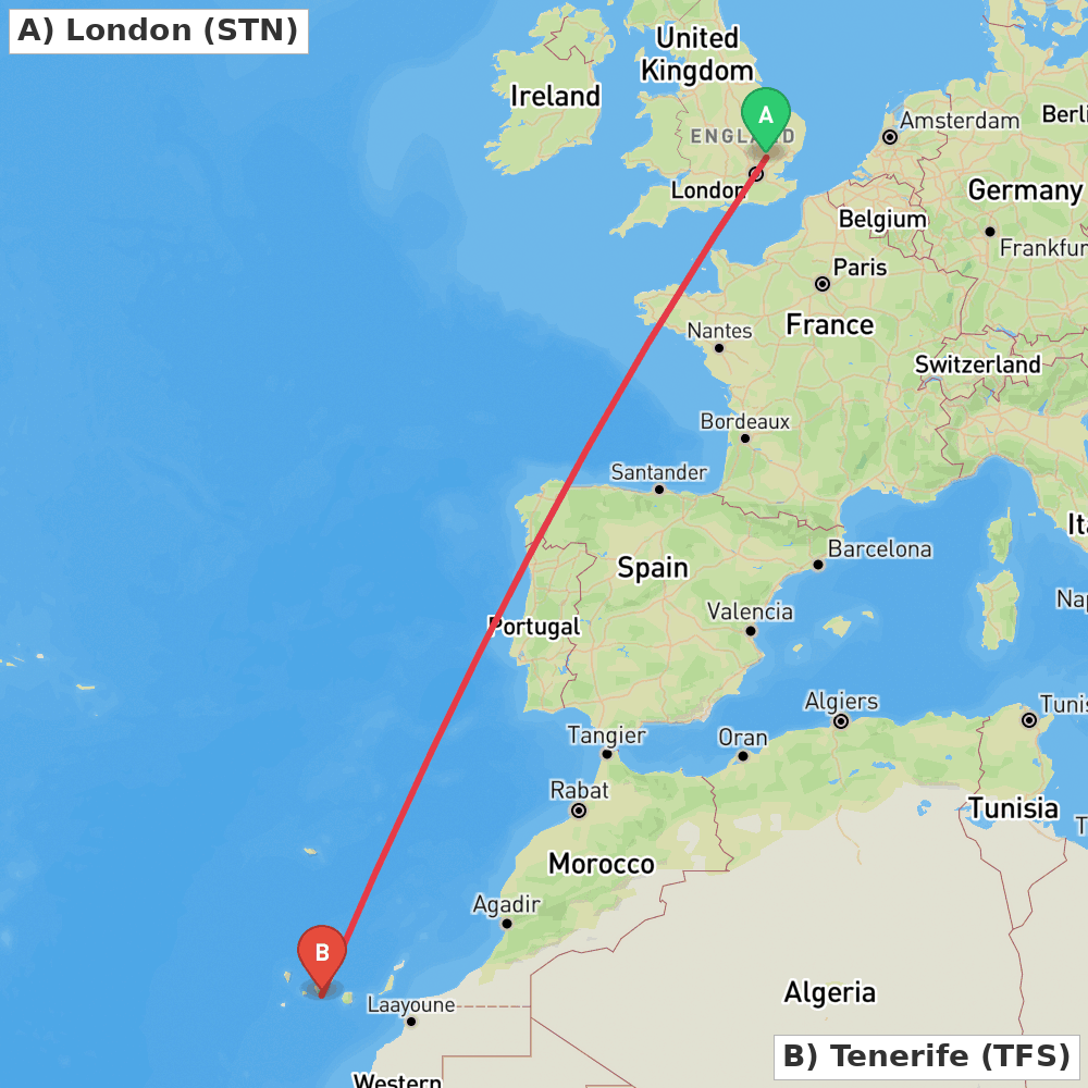Flight route map from London to Tenerife