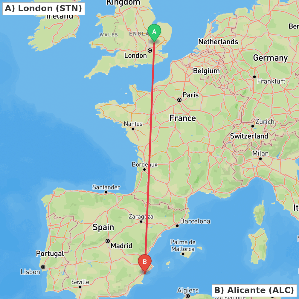 Flight route map from London to Alicante