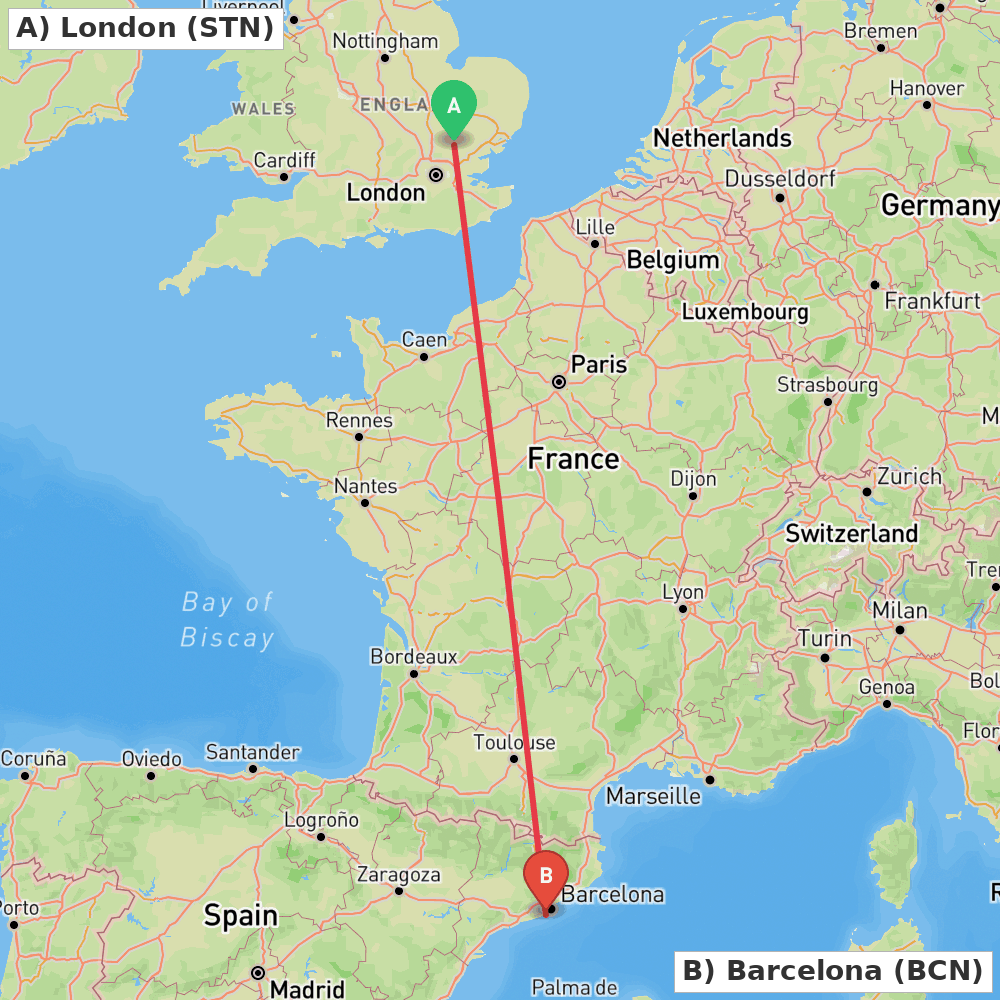 Flight route map from London to Barcelona