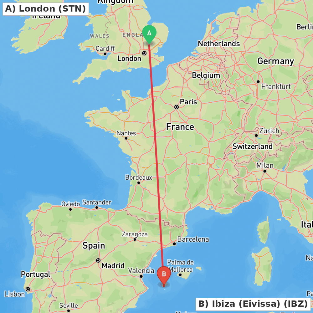 Flight route map from London to Ibiza (Eivissa)