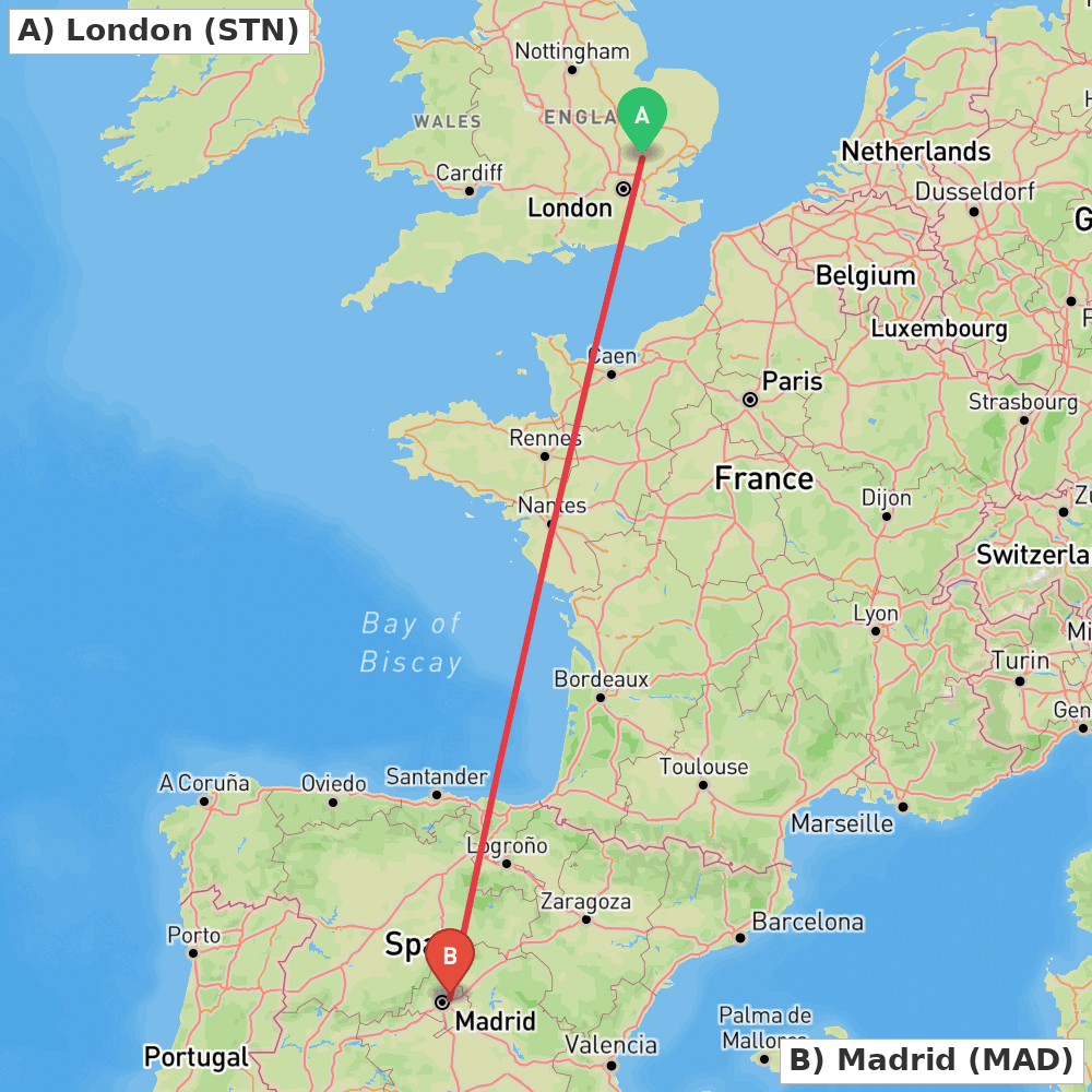 Flight route map from London to Madrid