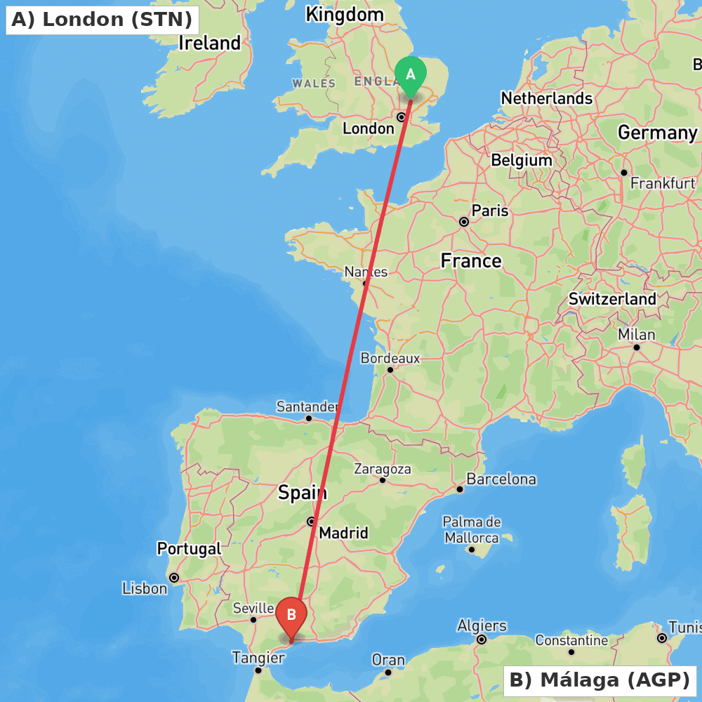 Flight route map from London to Málaga