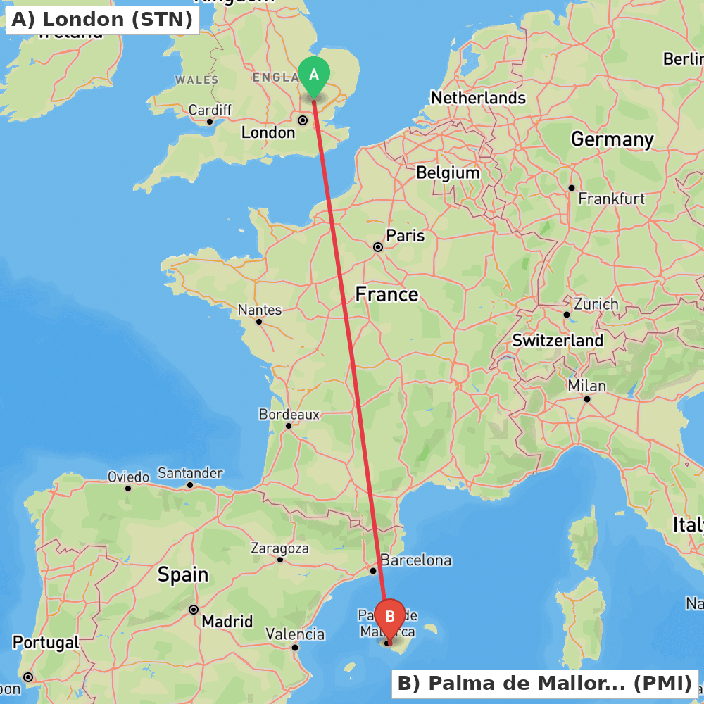 Flight route map from London to Palma de Mallorca