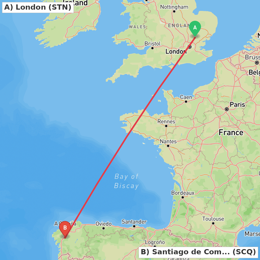 Flight route map from London to Santiago de Compostela