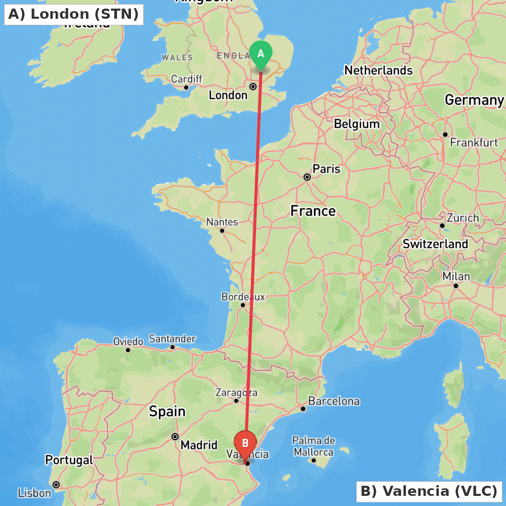 Flight route map from London to Valencia