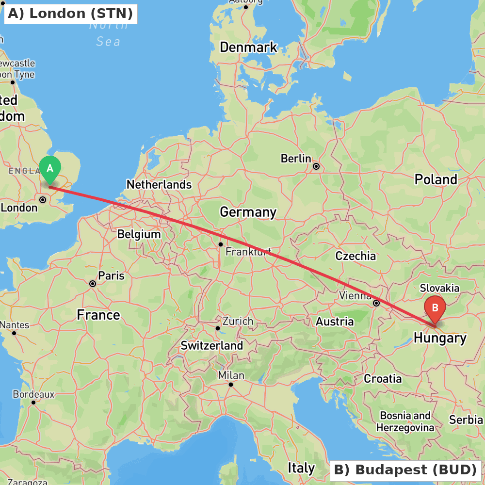 Flight route map from London to Budapest