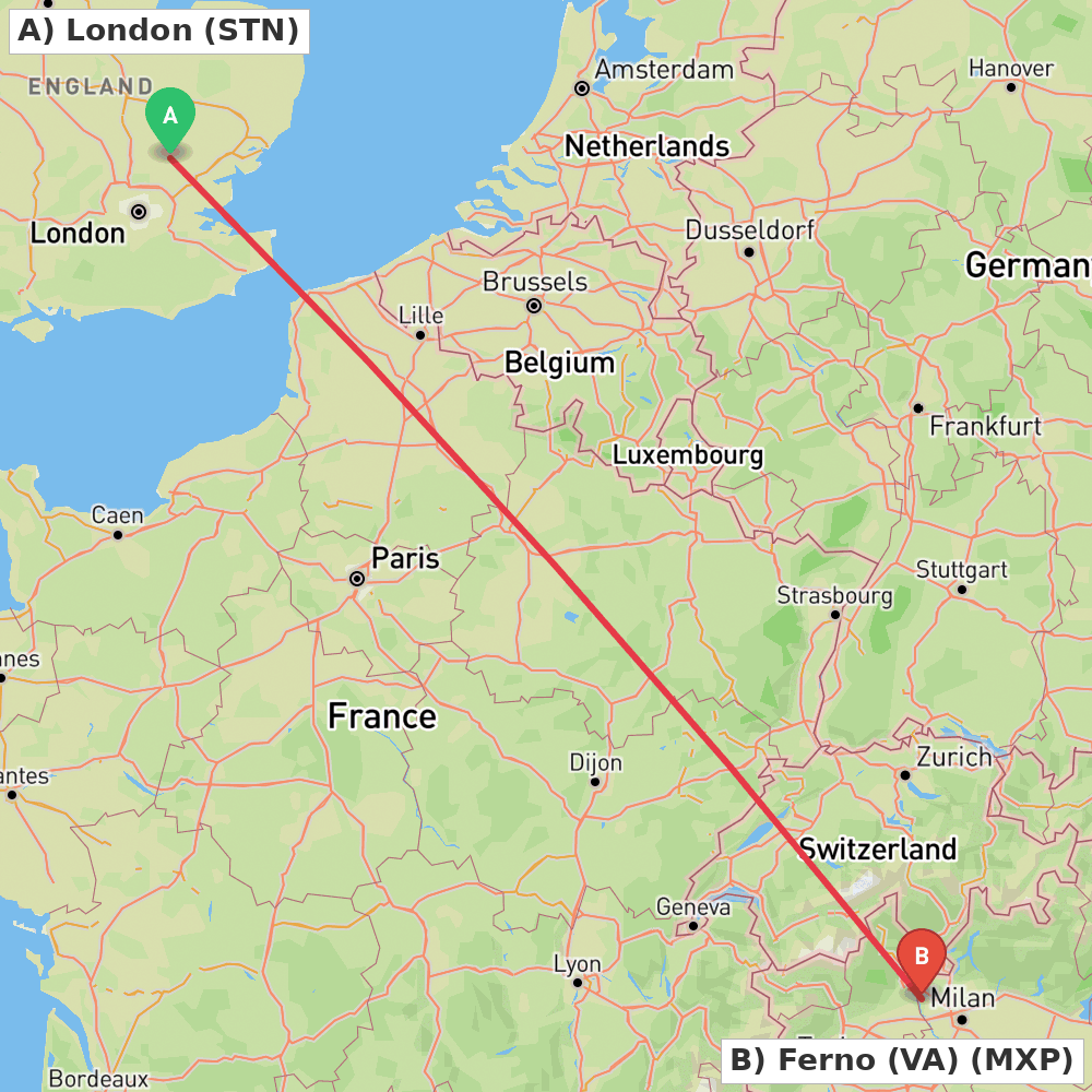 Flight route map from London to Ferno (VA)