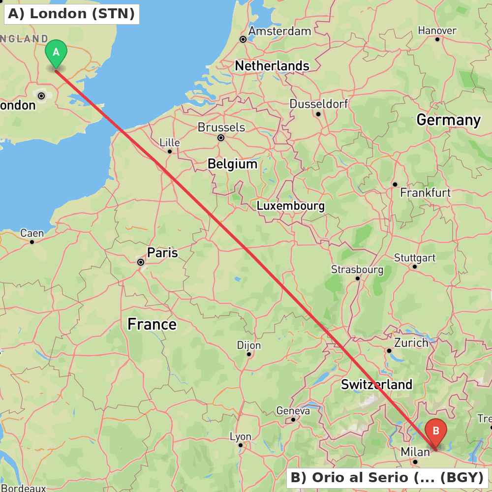 Flight route map from London to Orio al Serio (BG)
