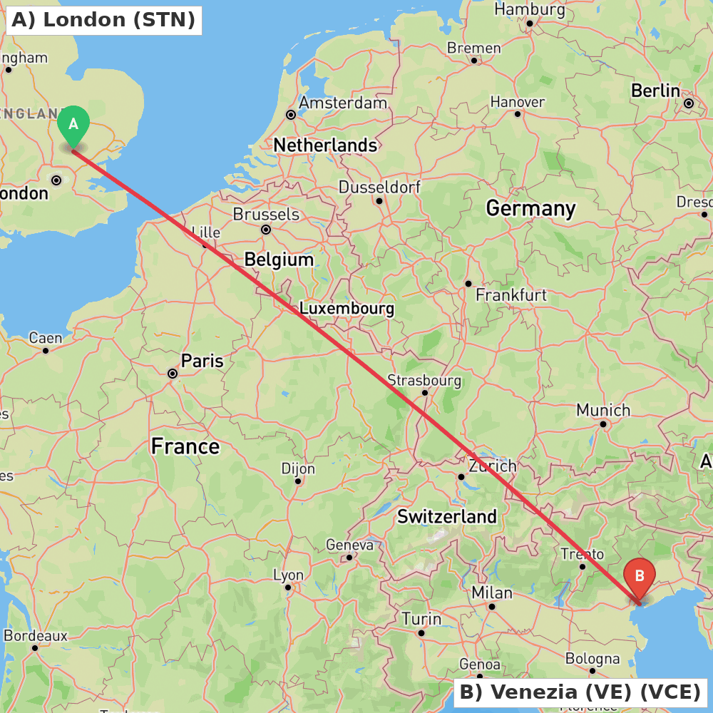 Flight route map from London to Venezia (VE)