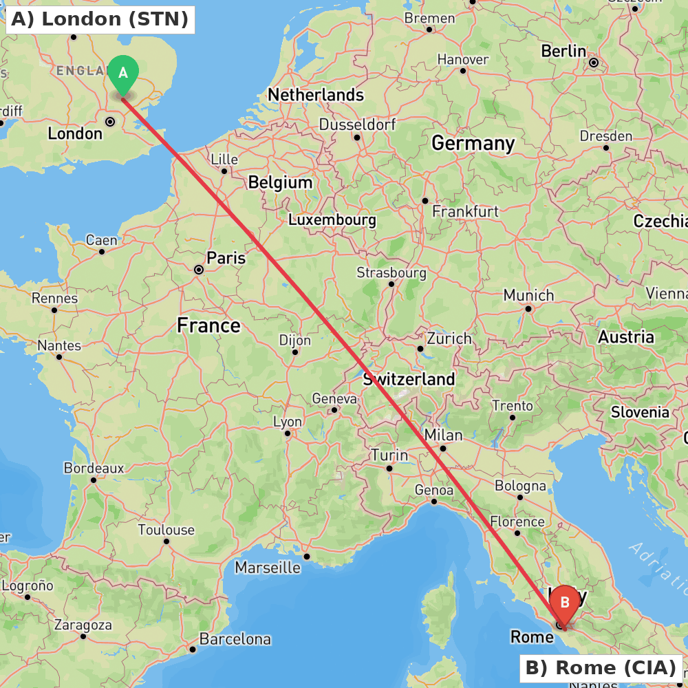 Flight route map from London to Rome