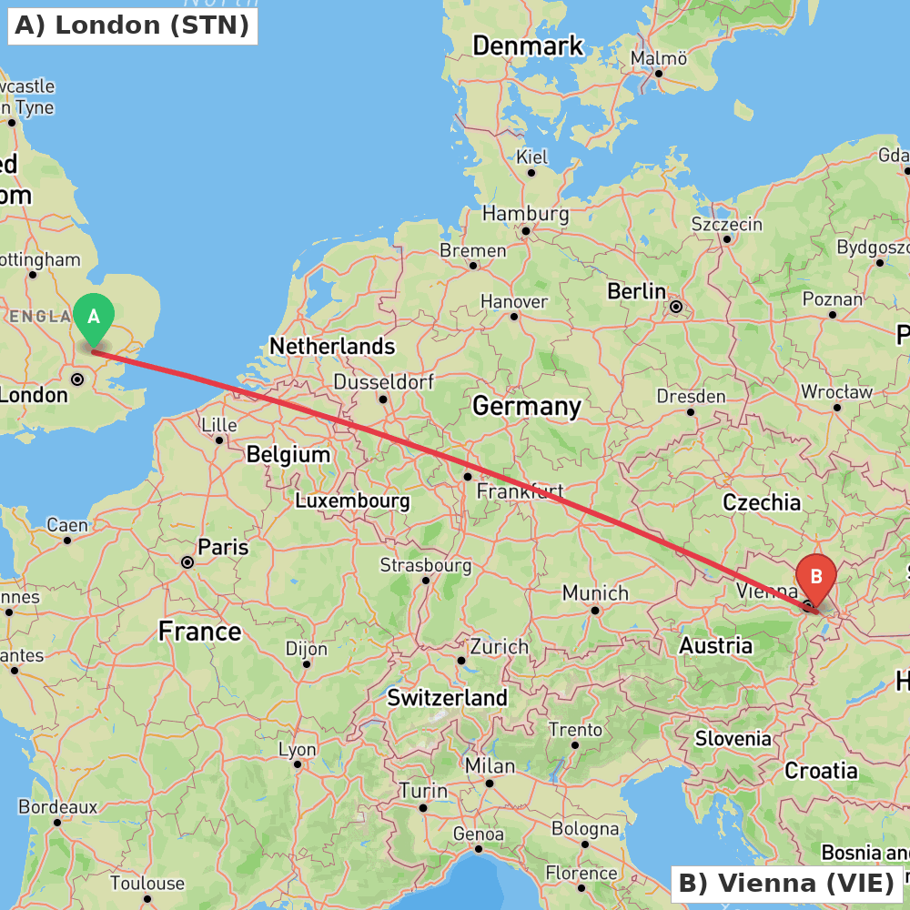 Flight route map from London to Vienna