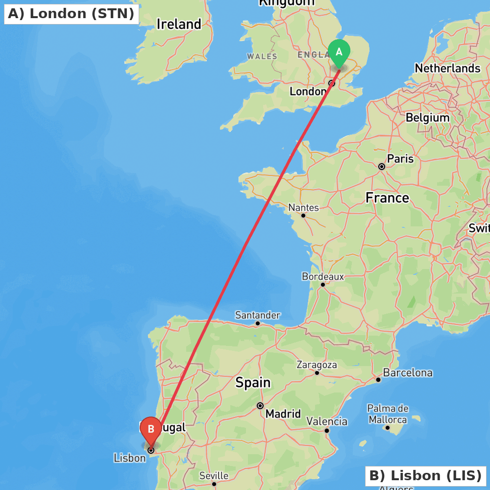 Flight route map from London to Lisbon