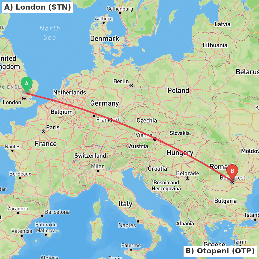 Flight route map from London to Otopeni