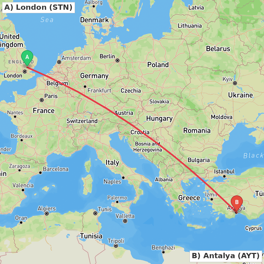 Flight route map from London to Antalya