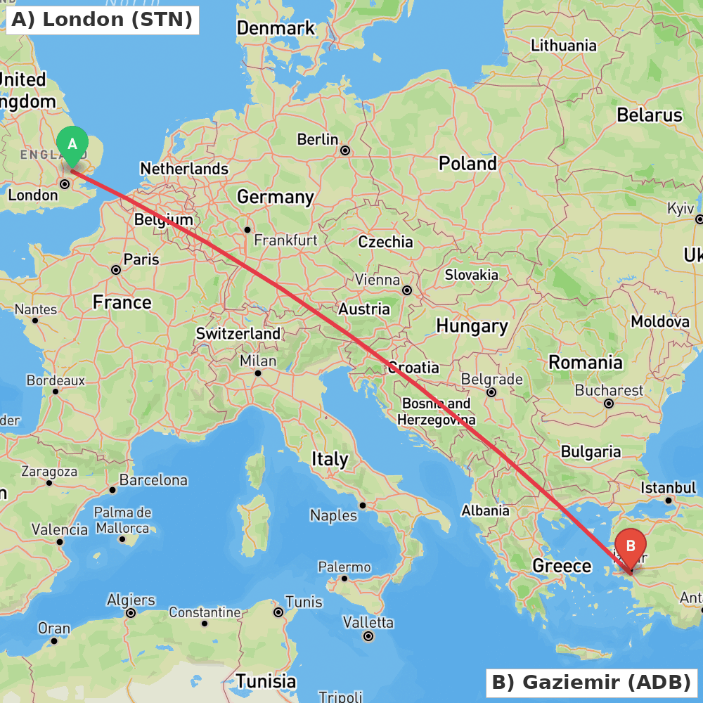 Flight route map from London to Gaziemir