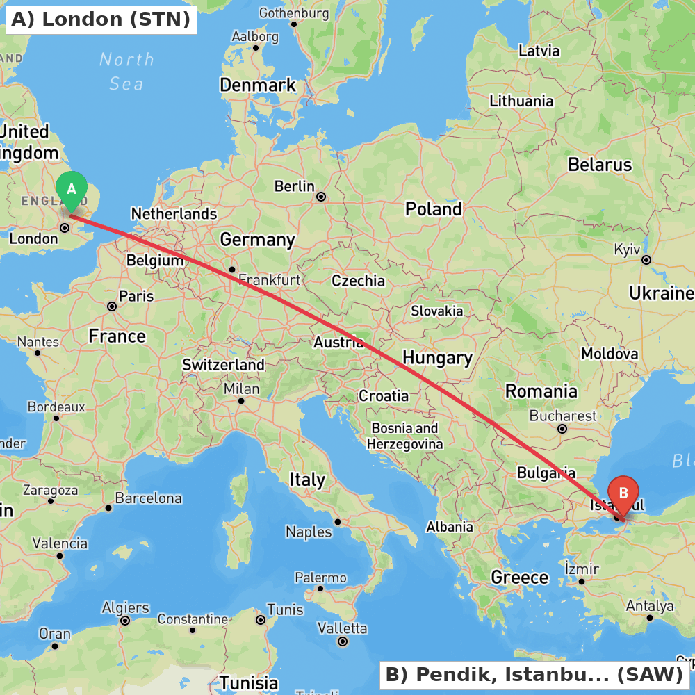 Flight route map from London to Pendik, Istanbul