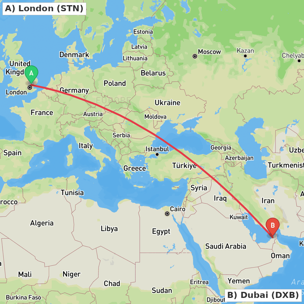 Flight route map from London to Dubai