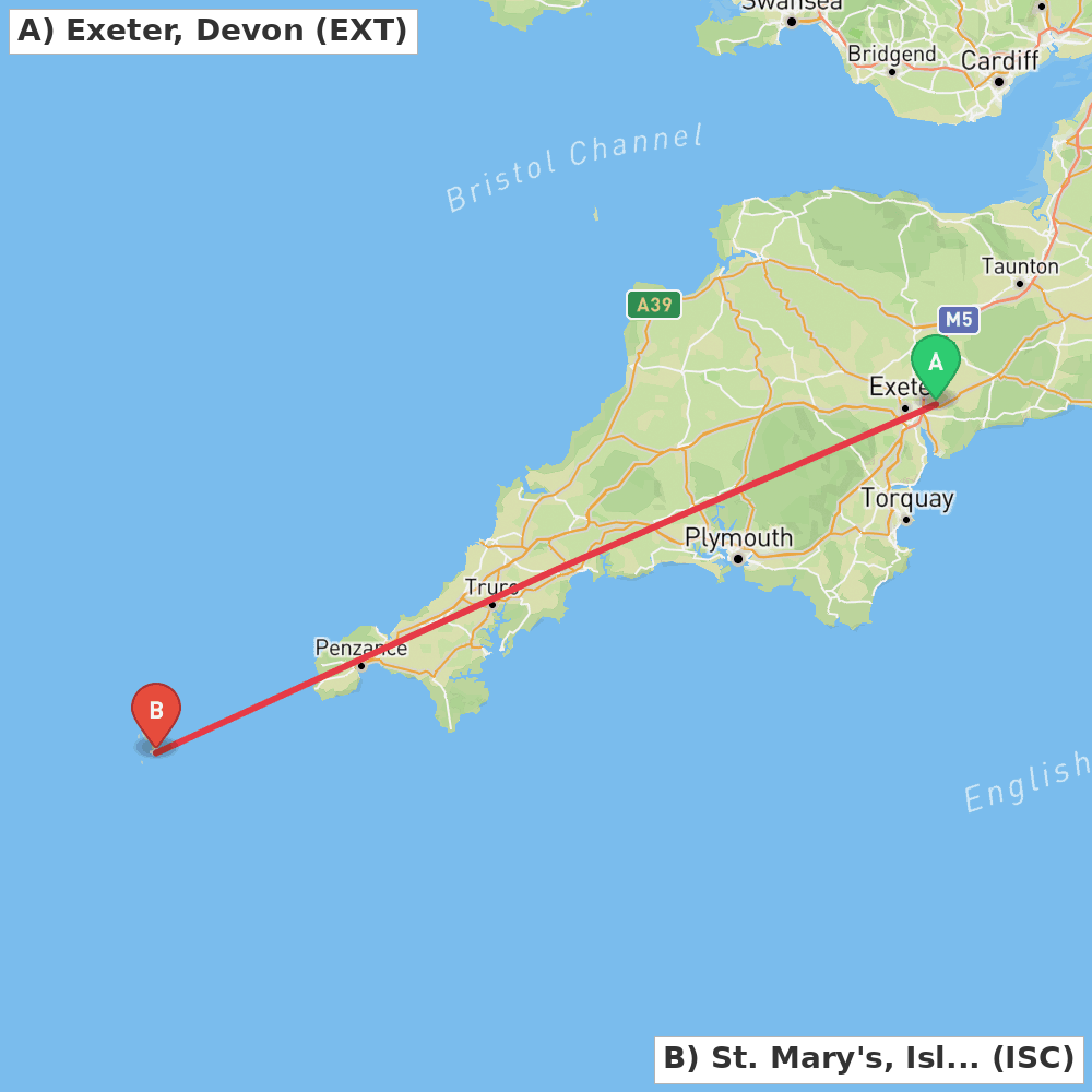 Flight route map from Exeter, Devon to St. Mary's, Isles of Scilly