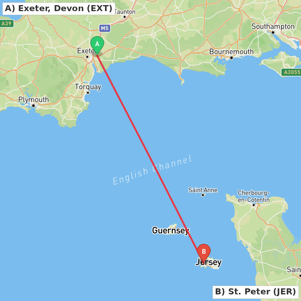 Flight route map from Exeter, Devon to St. Peter