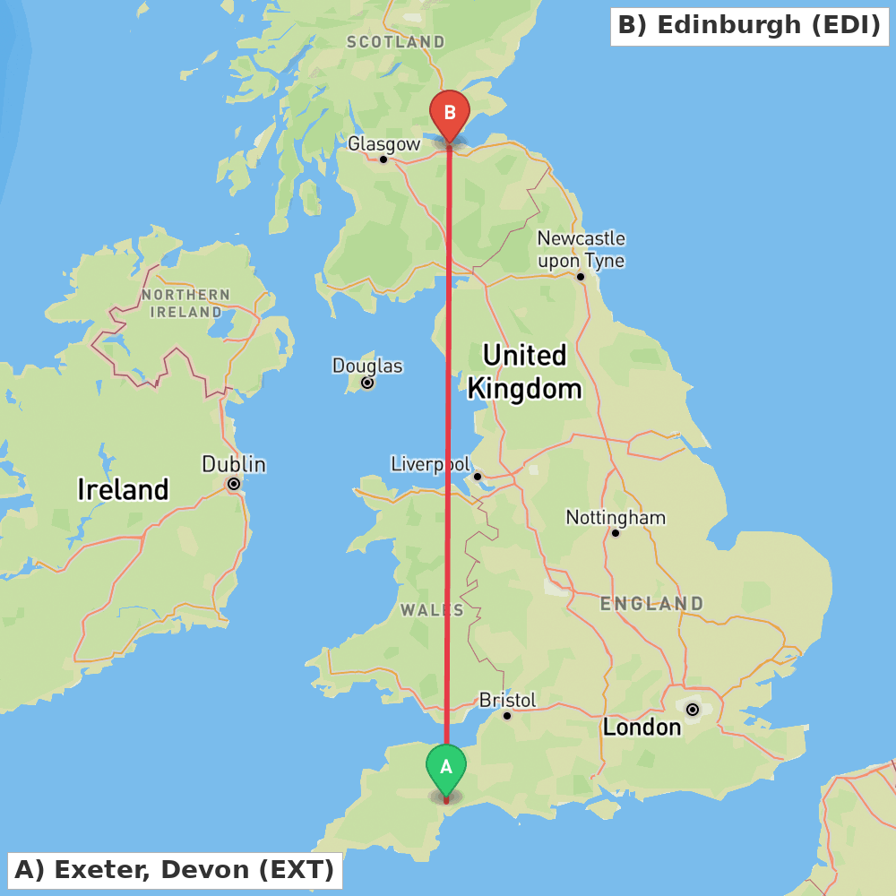 Flight route map from Exeter, Devon to Edinburgh