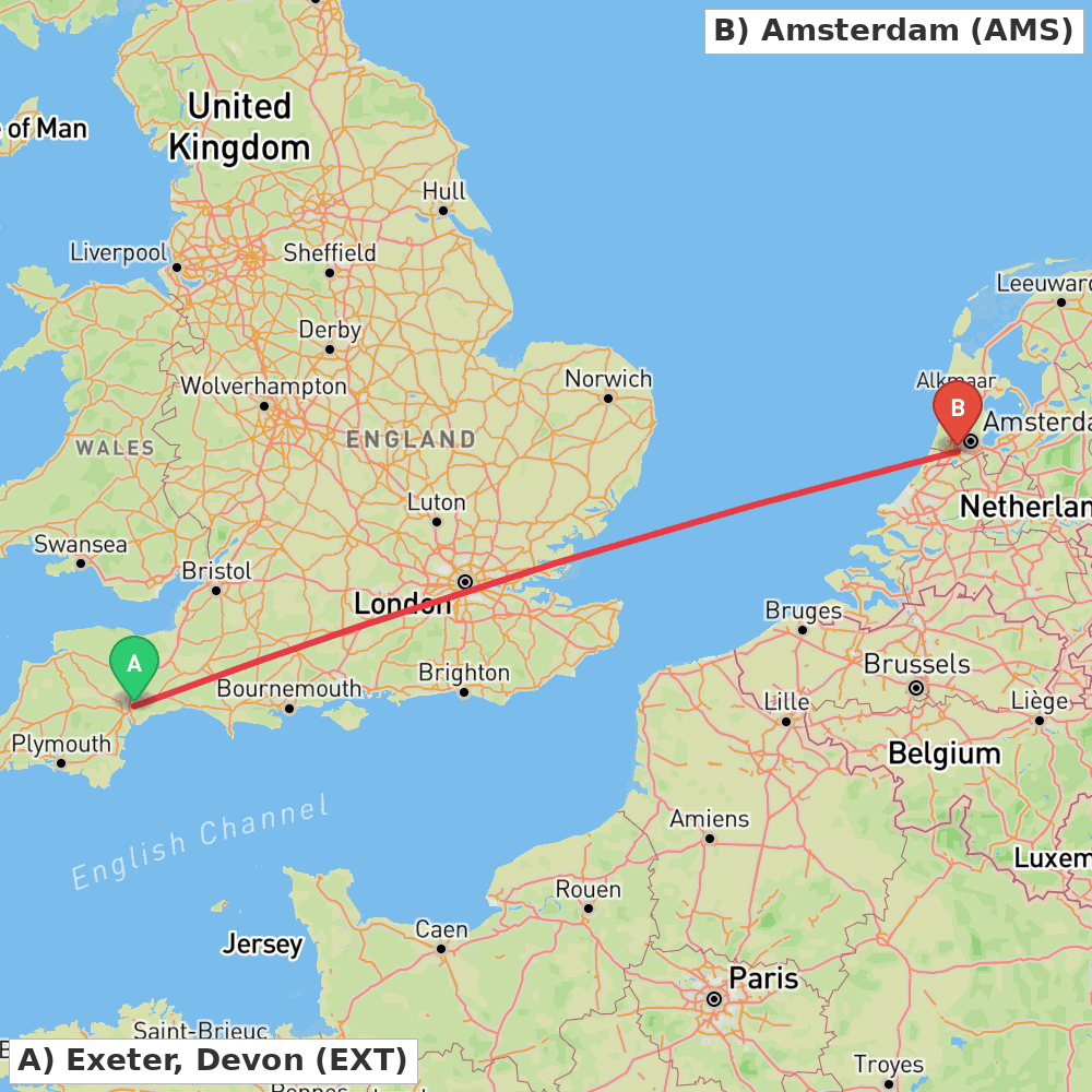 Flight route map from Exeter, Devon to Amsterdam