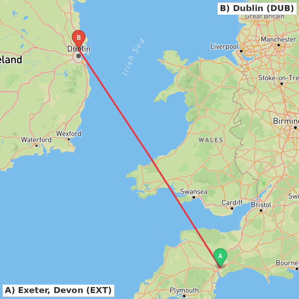 Flight route map from Exeter, Devon to Dublin
