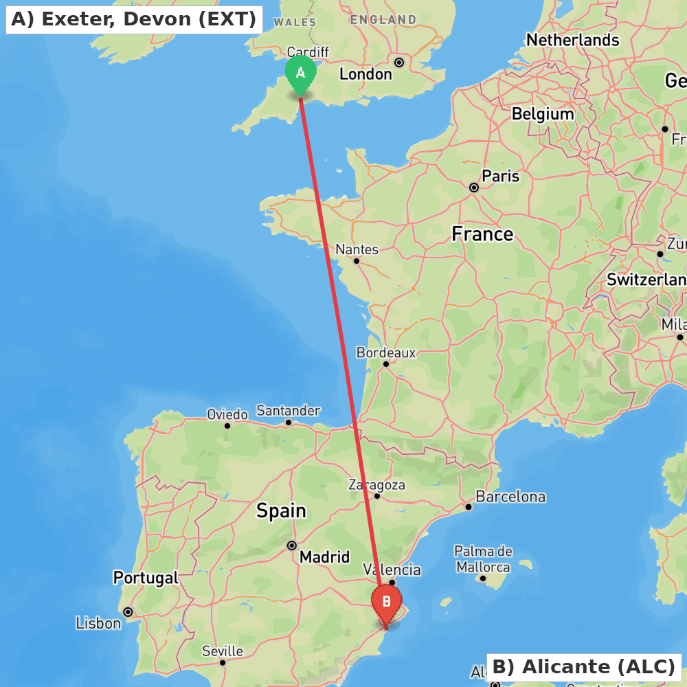 Flight route map from Exeter, Devon to Alicante