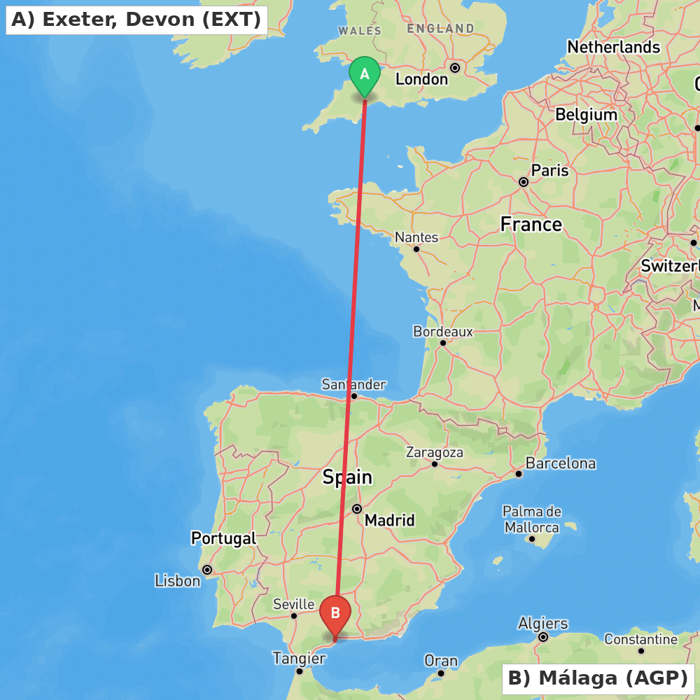 Flight route map from Exeter, Devon to Málaga