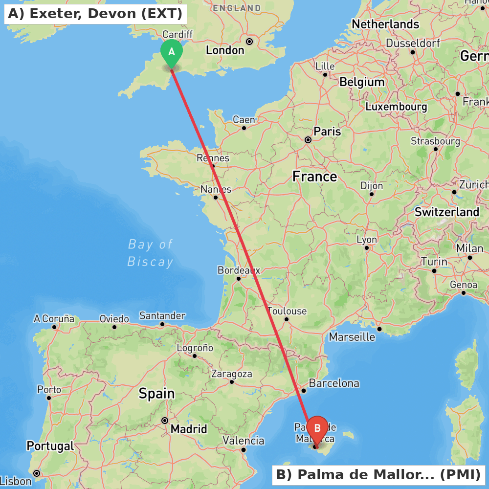 Flight route map from Exeter, Devon to Palma de Mallorca