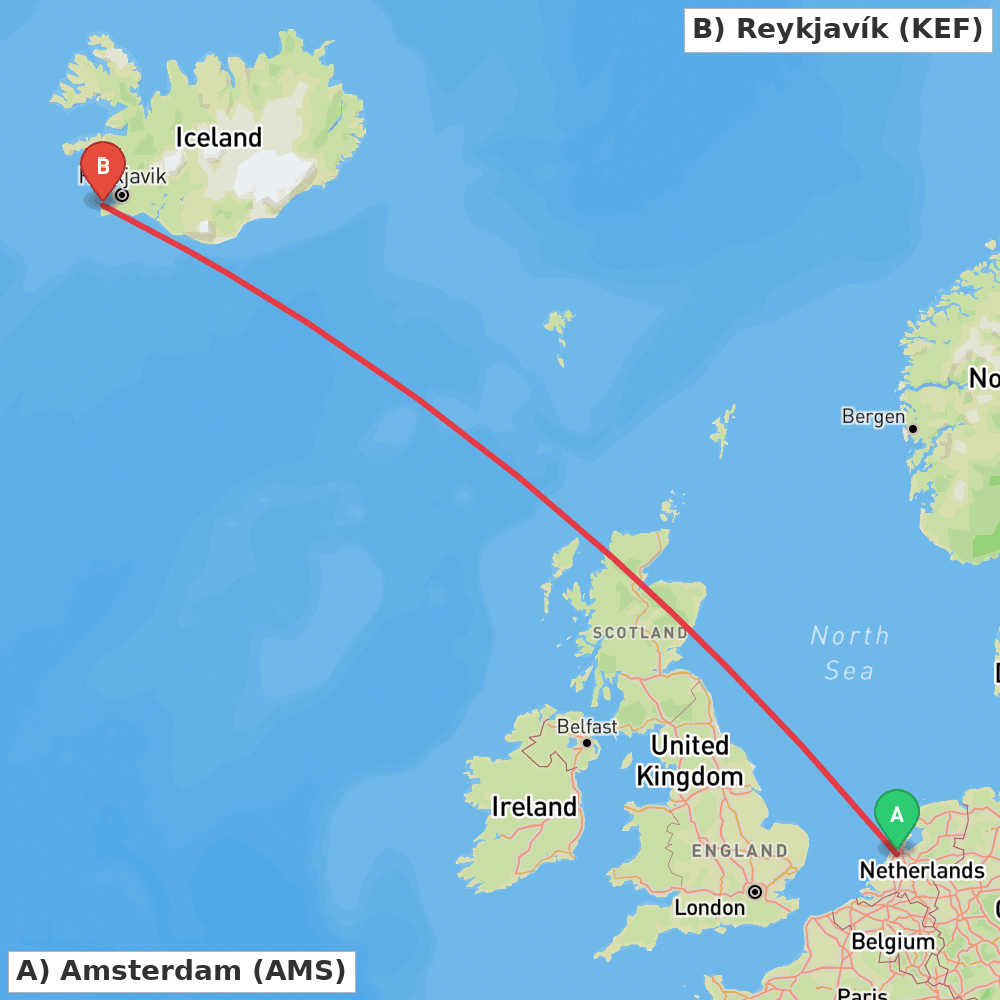 Flight route map from Amsterdam to Reykjavík
