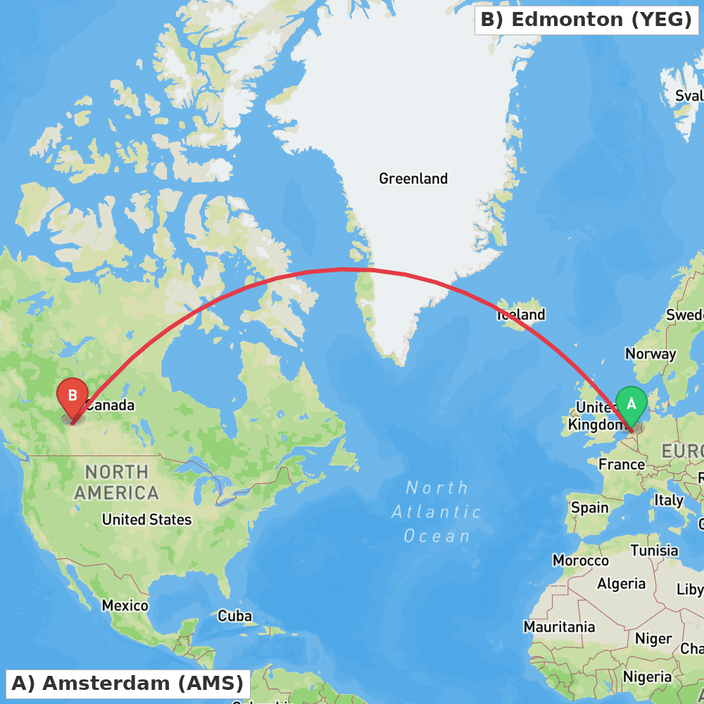 Flight route map from Amsterdam to Edmonton