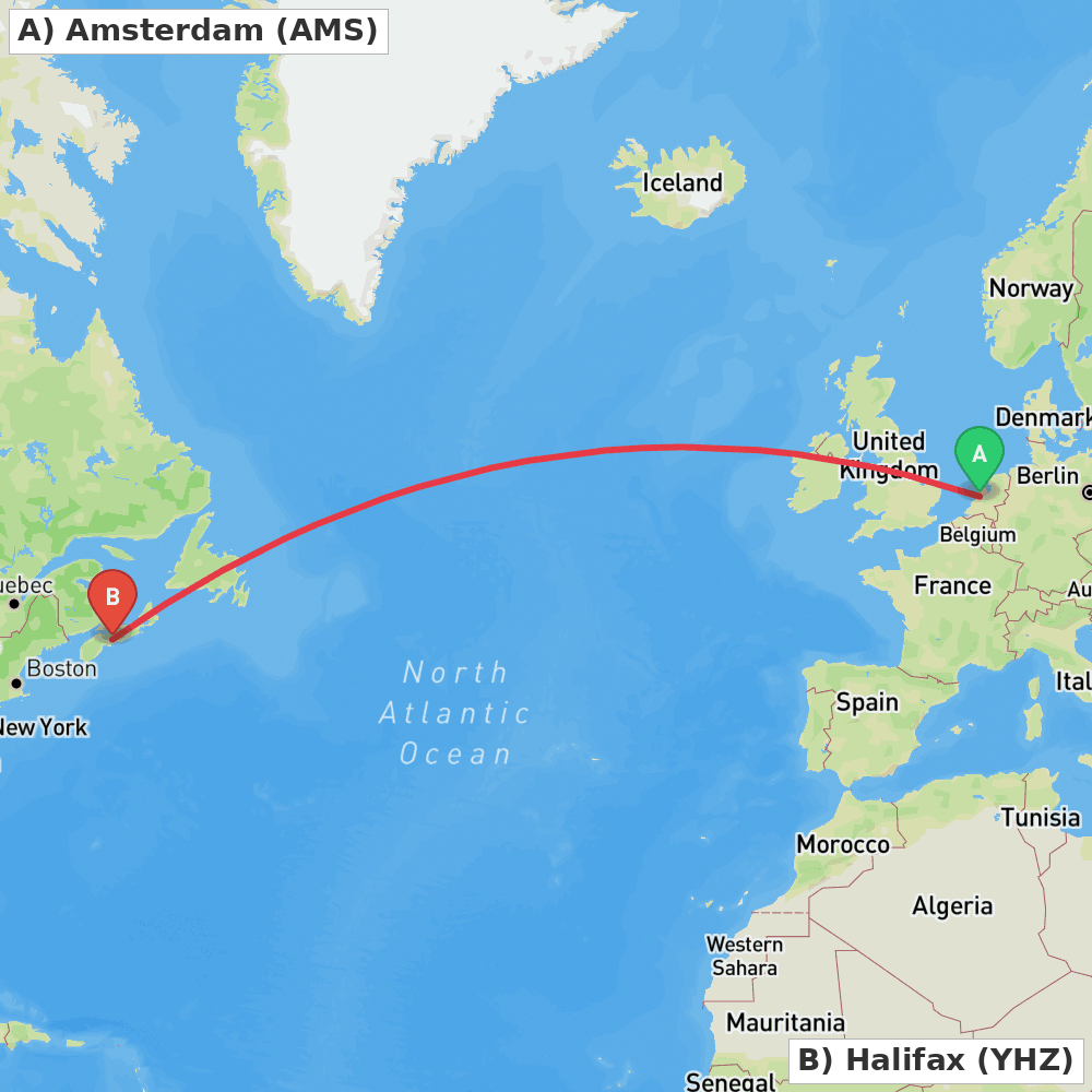 Flight route map from Amsterdam to Halifax