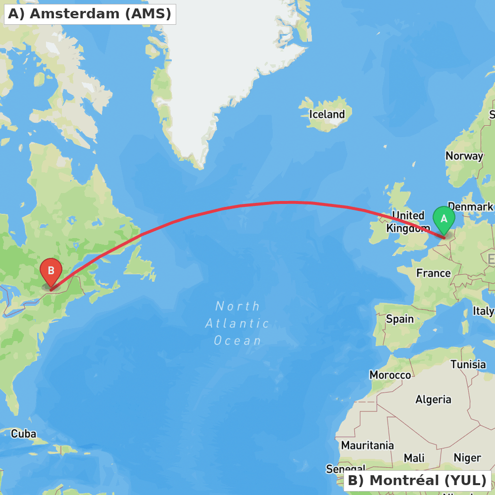 Flight route map from Amsterdam to Montréal