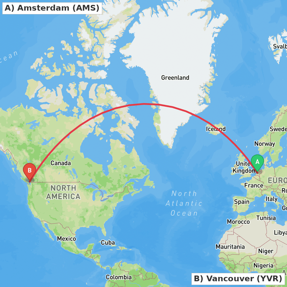 Flight route map from Amsterdam to Vancouver
