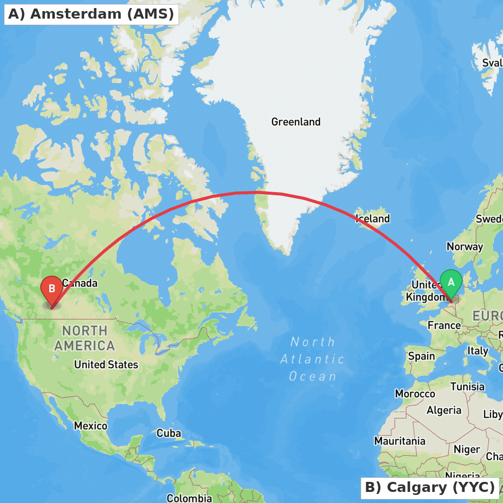 Flight route map from Amsterdam to Calgary