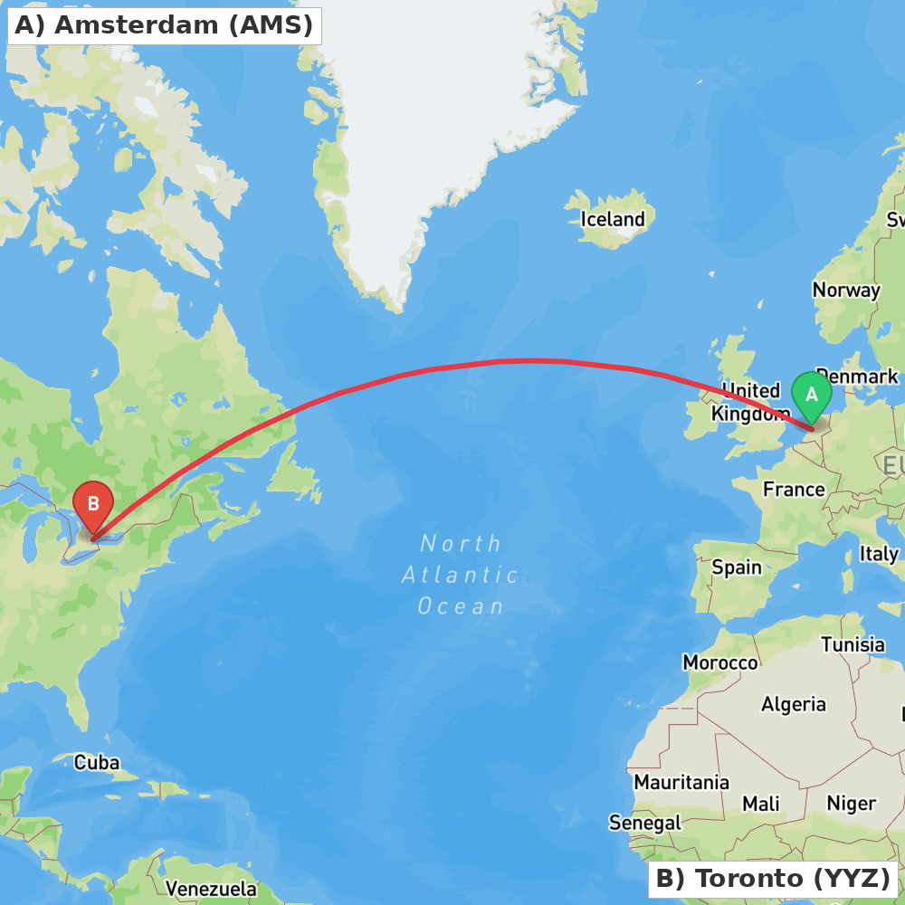 Flight route map from Amsterdam to Toronto