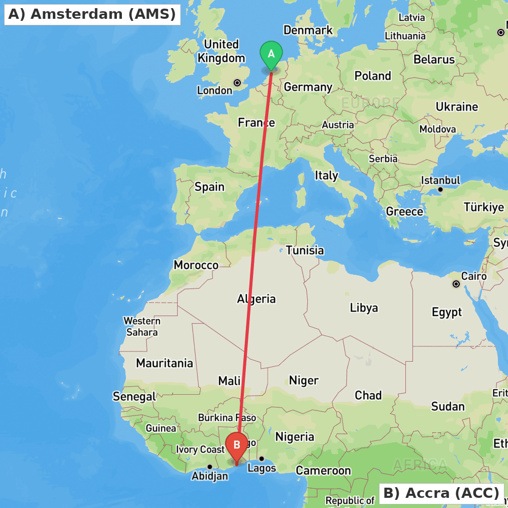 Flight route map from Amsterdam to Accra