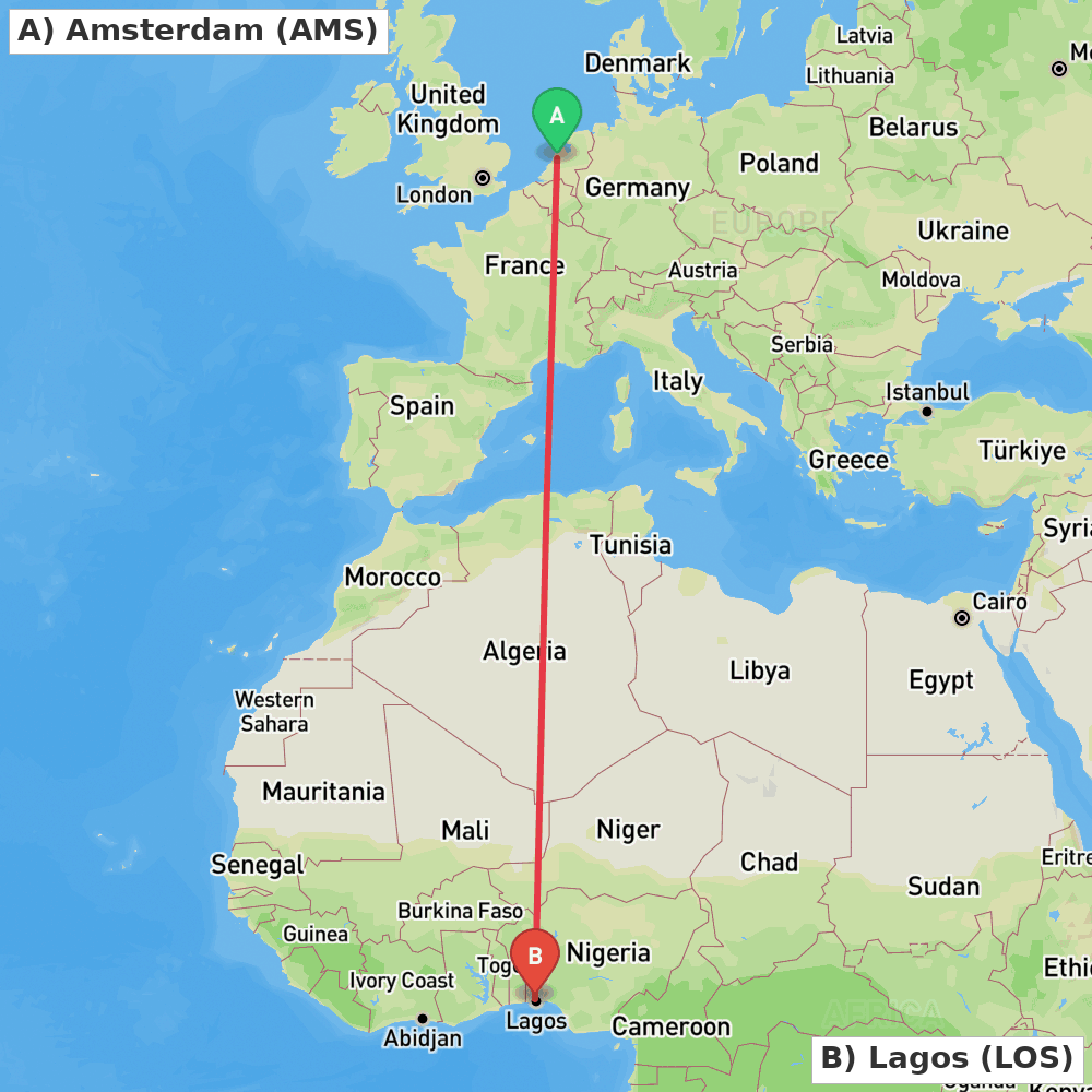 Flight route map from Amsterdam to Lagos