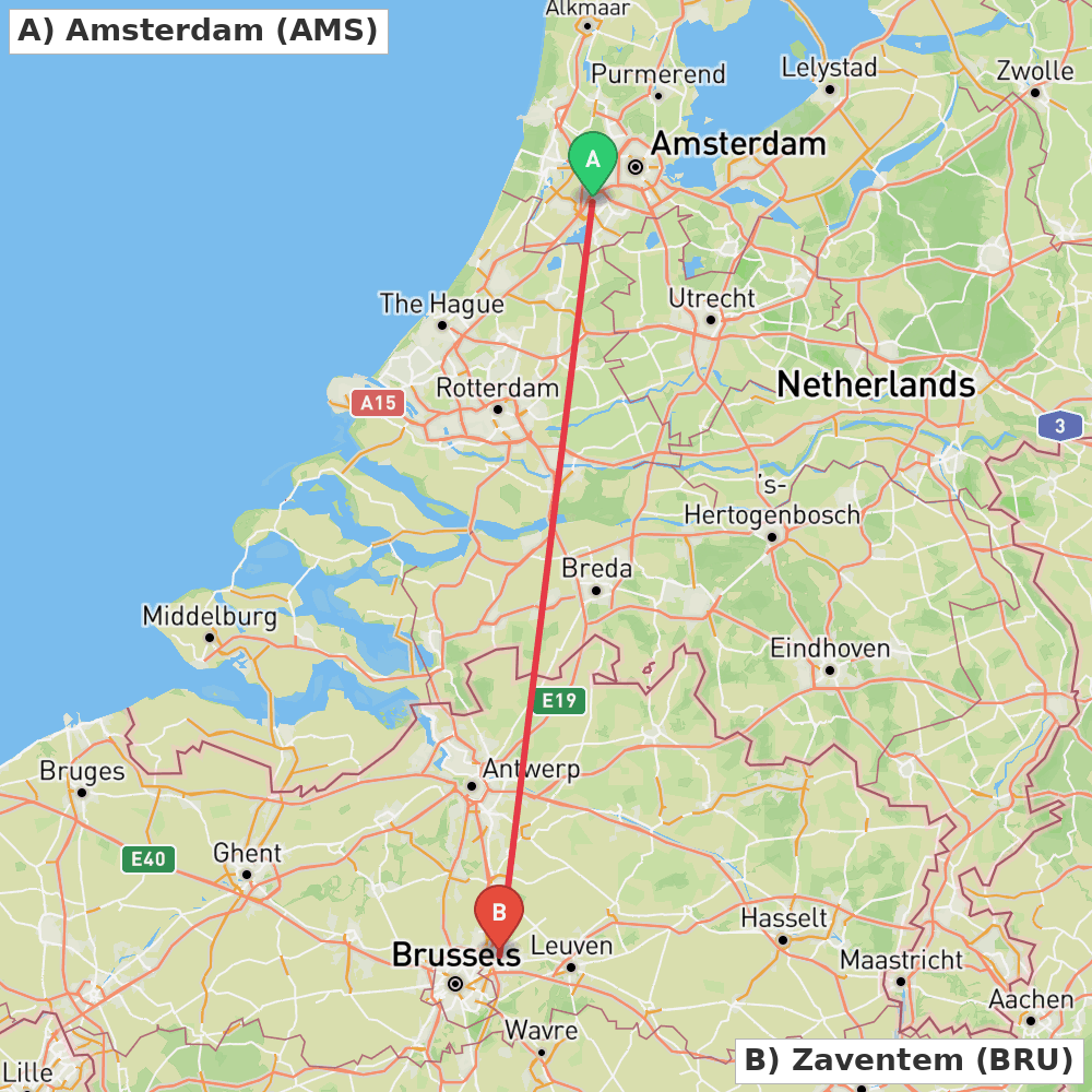 Flight route map from Amsterdam to Zaventem