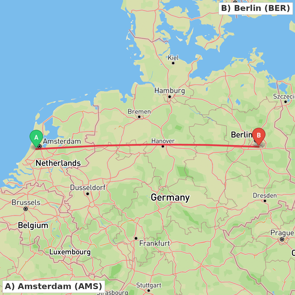 Flight route map from Amsterdam to Berlin